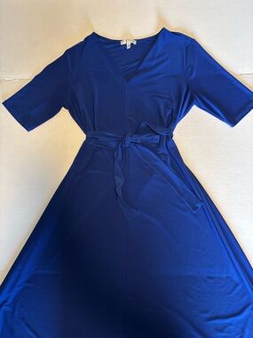 Chaus New York Royal Blue V-Neck Tie-Waist Midi Dress
